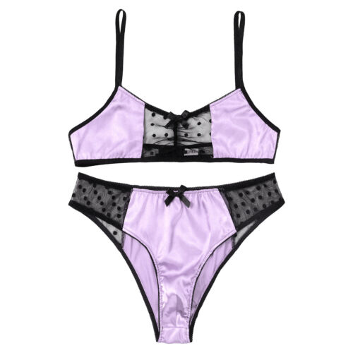 Men See Through Satin Lingerie Set Bra Top with Briefs Thong Underwear Nightwear - Picture 31 of 34
