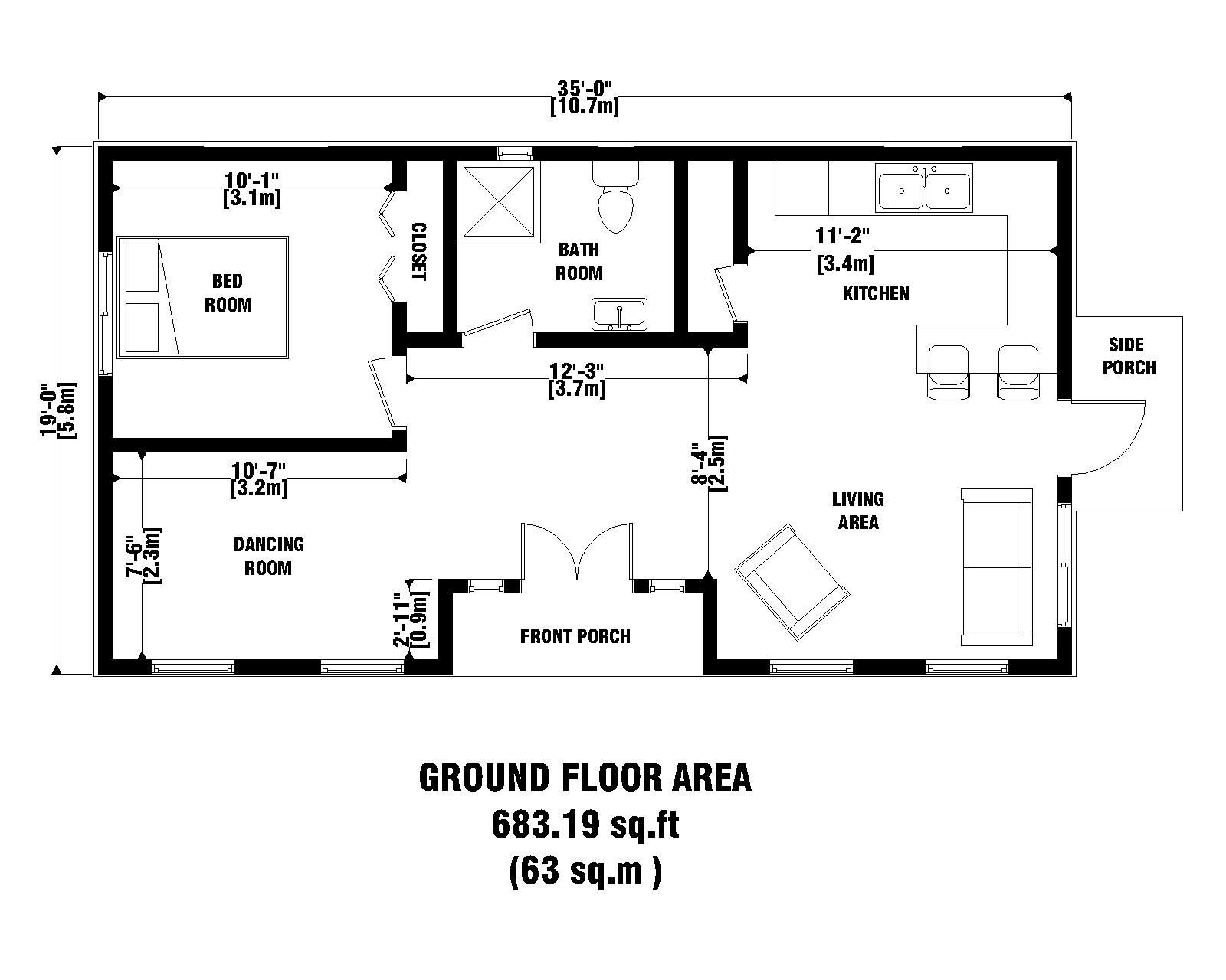 Custom 638.75 Sq.Ft Tiny House Plan 1 Bedroom &Amp; 1 Bathroom With Free  Cad File | Ebay