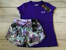 Girls Under Armour purple tshirt printed shorts size YXS/YSM NWT