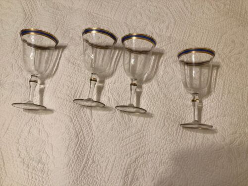 Antique Thin Stemware Glasses may be Hand Blown Venetian Blue & Gold Hand Painte - Picture 1 of 12