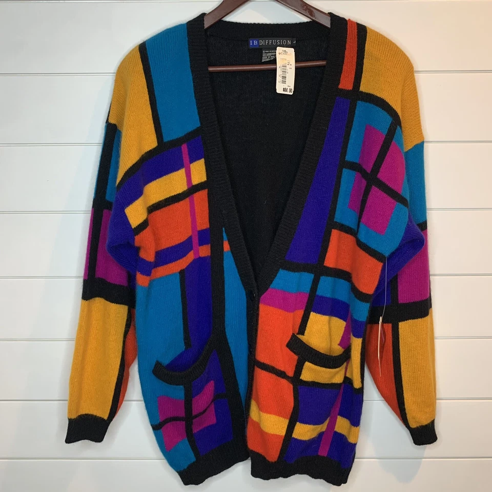 NUEVO Suéter XL Vintage IB Diffusion Cardigan Top 1992 Colorblock Angora (Defecto) Foto 2 de 4