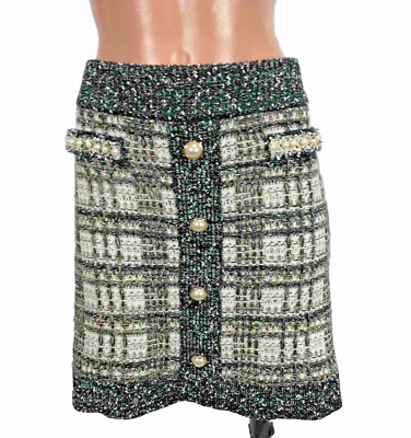 Vintage Y2K Pearl Accent Plaid Metallic Mini Skirt Cache Black Ivory Acrylic XL