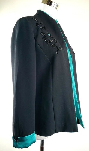 Perceptions Blazer Long Sleeve Open Front Beaded Black Teal Womens 6P - Picture 5 of 10