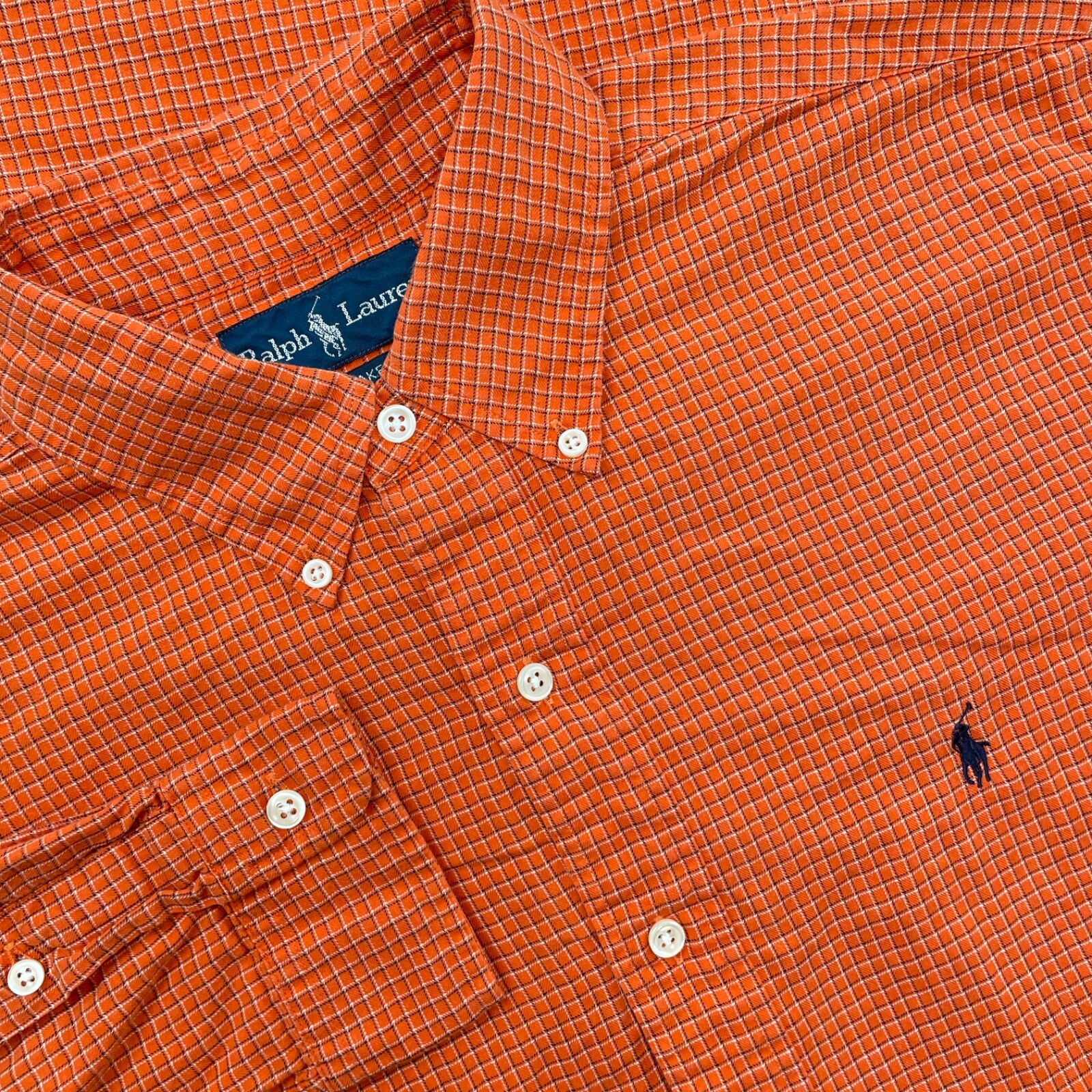 Ralph Lauren Camicia Uomo M Arancione Nero Plaid Manica Lunga Bottoni Pony