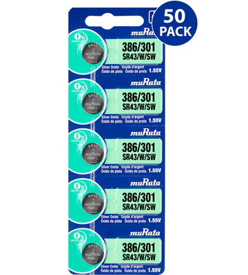 Murata 386/301 (SR43/W/SW) Silver Oxide Battery (50 Count)-Replaces Sony 386/301
