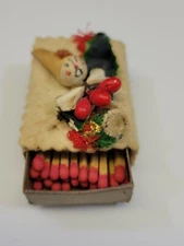 Vintage Christmas Match Box Matches Felt Ribbon Wood Artisan Handmade Gnome 