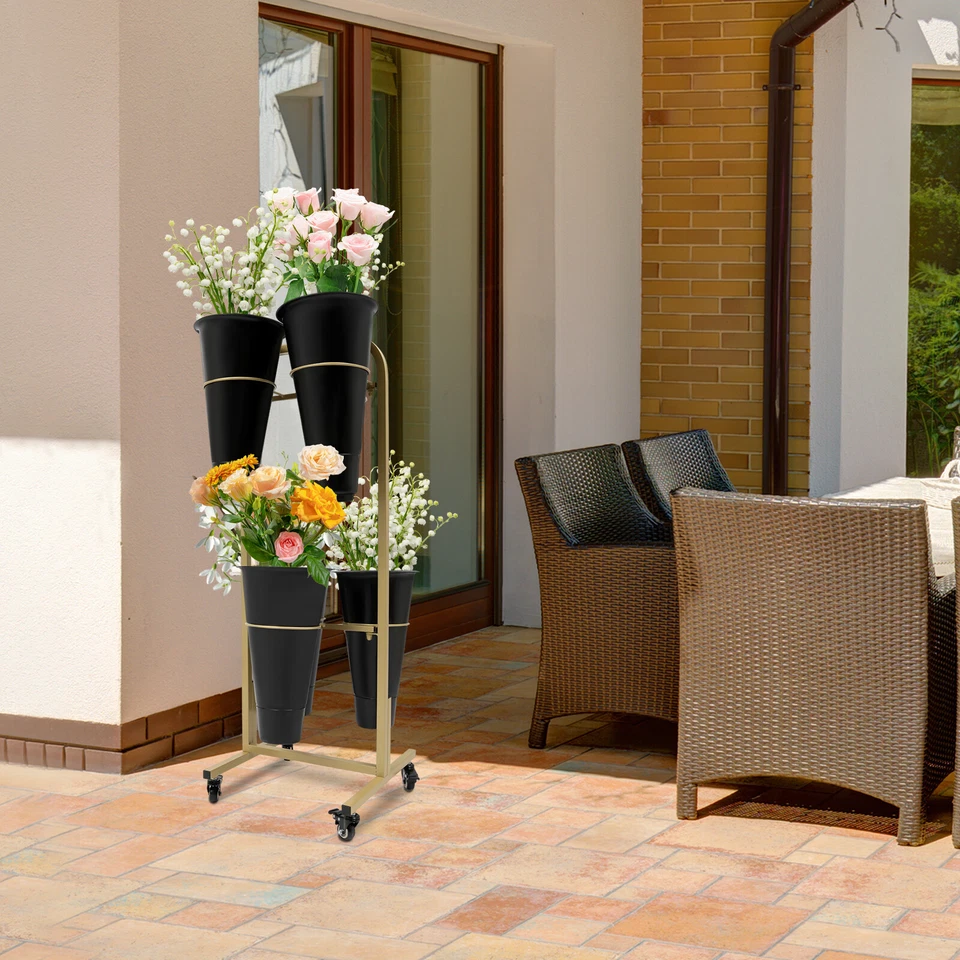 Soporte de exhibición de flores doradas + cubos negros 6 piezas soporte de plantas de acero de 2 capas con ruedas Foto 2 de 4