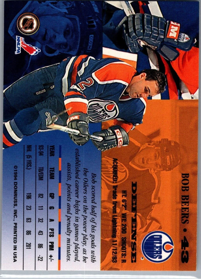 1994-95 Leaf Hockey - #43 Bob Beers - Image 2 of 2