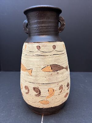 Red River Luminaries Wood Fired Pottery Fish Table Luminary Base  10.5  Vietnam