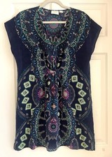 Maeve Anthropologie 100% Silk Medallion Boho V-Neck Shift Dress Sz M Blue Tunic