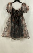 Nasty Gal Women's Black Floral Organza Puff Sleeve Babydoll Mini Dress Size 4