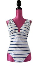 M S .. White Blue Stripe Padded Cup Swimming Costume with Front Keyhole Sz 14
