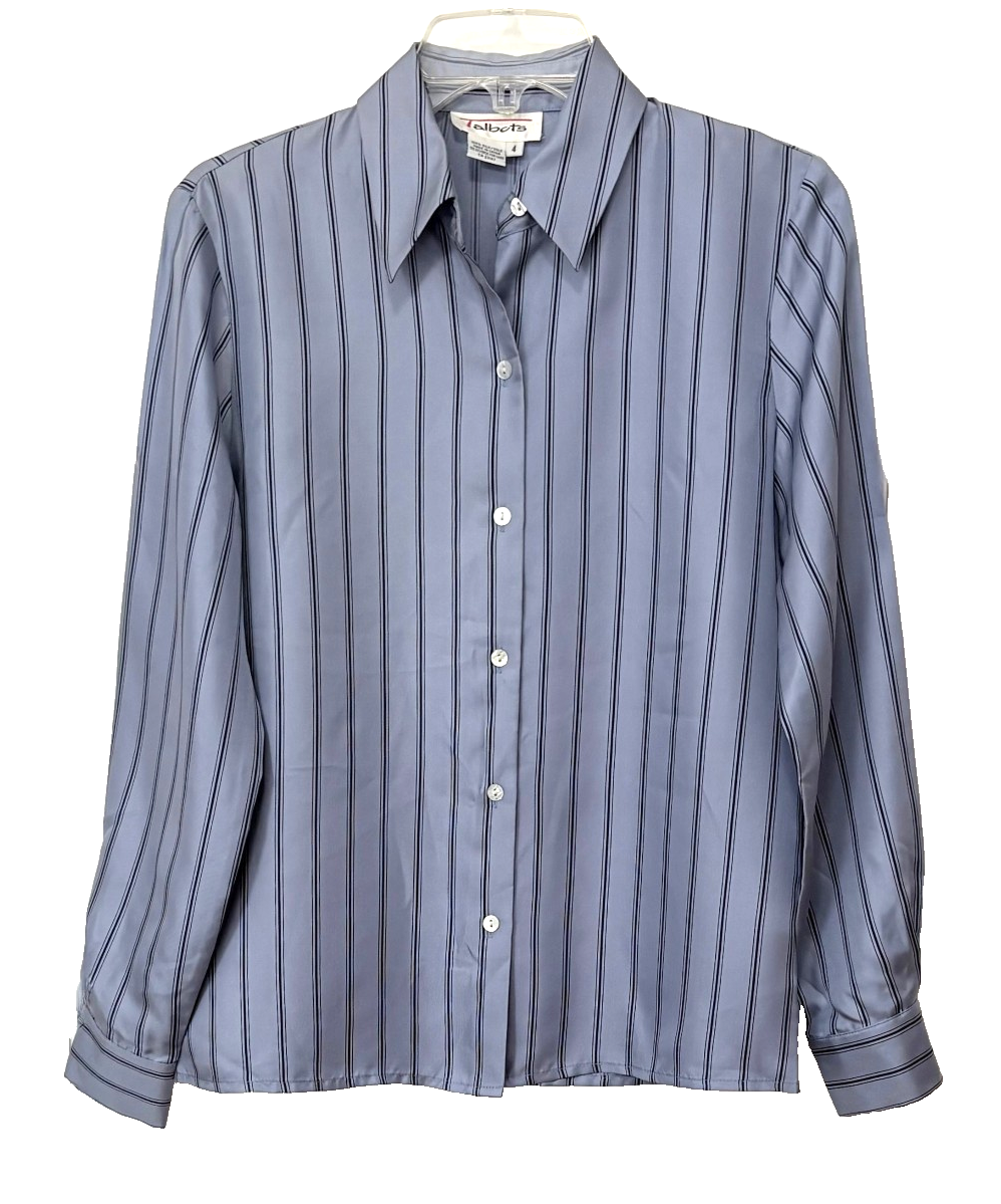 TALBOTS 100% SILK BUTTON-UP BLOUSE, BLUE WITH DARK BLUE STRIPES, WOMEN'S 4, EUC