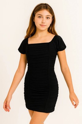 Cheryl Kids Amelia Ruched Dress Girls M Black Solid Short Cap Sleeve Square Neck