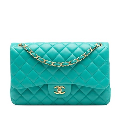 Chanel Jumbo Classic Lambskin Double Flap Pre-Loved Schultertasche Limette