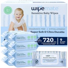9 PACK Wipemate Baby Wipes Hypoallergenic Fragrance-Free Soft 80/Pack Total 720