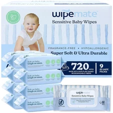 9 PACK Wipemate Baby Wipes Hypoallergenic Fragrance-Free Soft 80/Pack Total 720