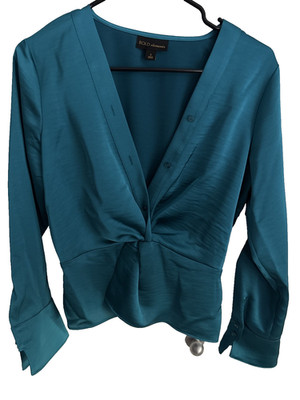 Bold Elements Turquoise Long Sleeve V Neck Shiny Blouse Women's Size Small NEW!