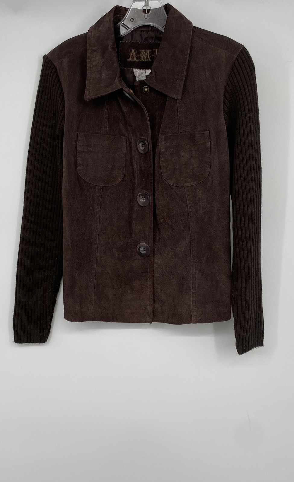 AMI Womens Brown Suede Leather Long Sleeve Button Front Jacket Size Medium