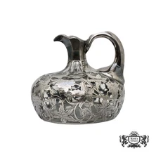 Antique Quality Art Nouveau Glass Pitcher w/Ornate Heavy Sterling Silver Overlay