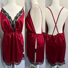 Red Satin Lace Trim Chemise Nightgown Plus Size 2XL Cross Back Mini Lingerie