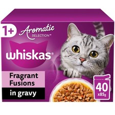 40 x 85g Whiskas 1+ Adult Cat Food Pouches Aromatic Fragrant Fusions in Gravy 5.43 per kilo