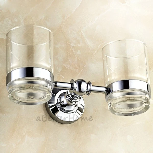 Bathroom Chrome Double Glass Tumblers Holder Toothbrush Holders Kit Wall Mounted - Image 2 of 4