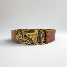 Vintage Style Belt Elephant Brass Buckle Brown Genuine Leather Cuir Veritable