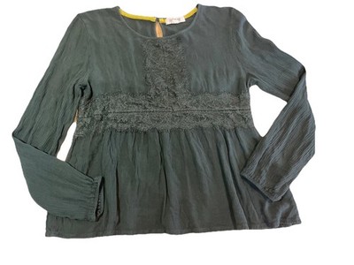 Taylor & Sage Hunter Green Baby Doll Lace Trim Long Sleeved Top S Boho Festival