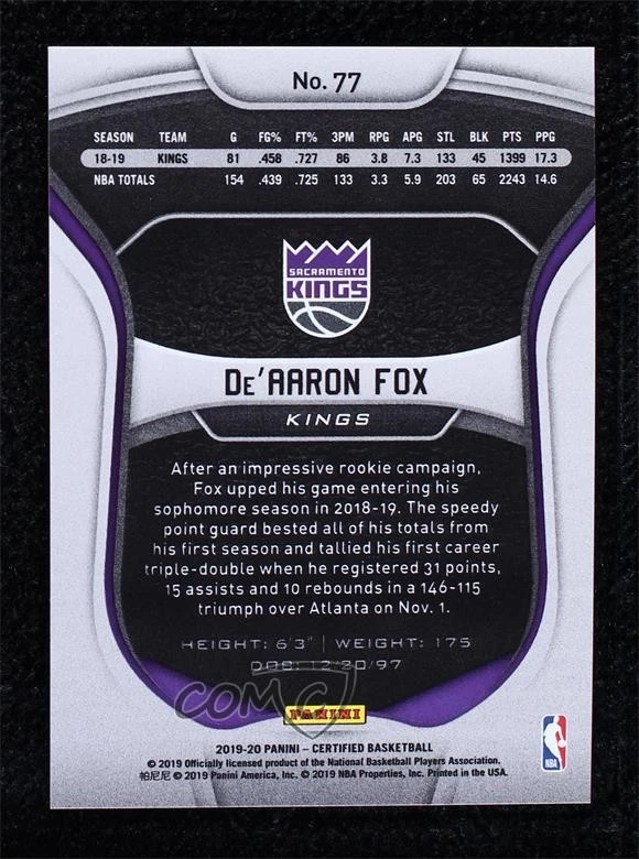 2019-20 Certified Mirror Blue De'Aaron Fox #77 - Image 2 of 2