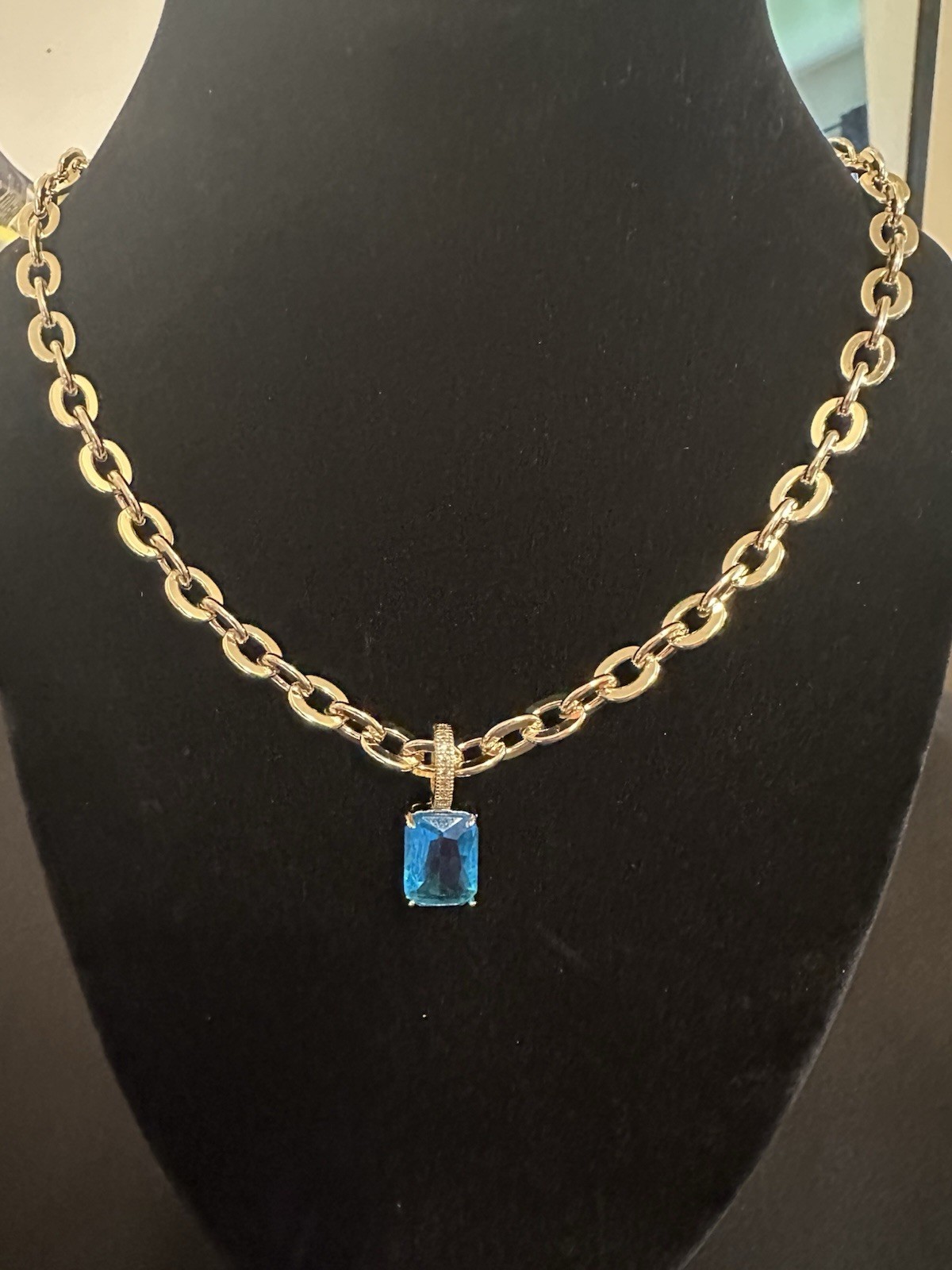 Gold-Tone Oval Link Chain Necklace w/ Blue Rectangular Crystal Charm Pendant