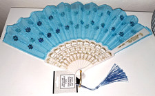 Blue Folding Hand Fan Floral Sequin Tassel New With Tag Decorative  Functional