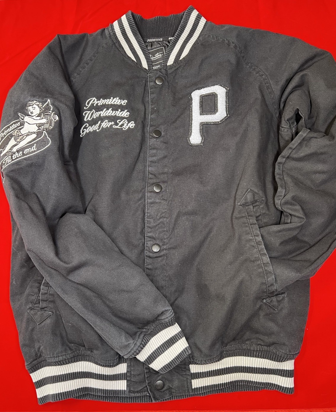 Primitive Skateboarding Varsity Bomber Jacket Black Mens Medium Streetwear