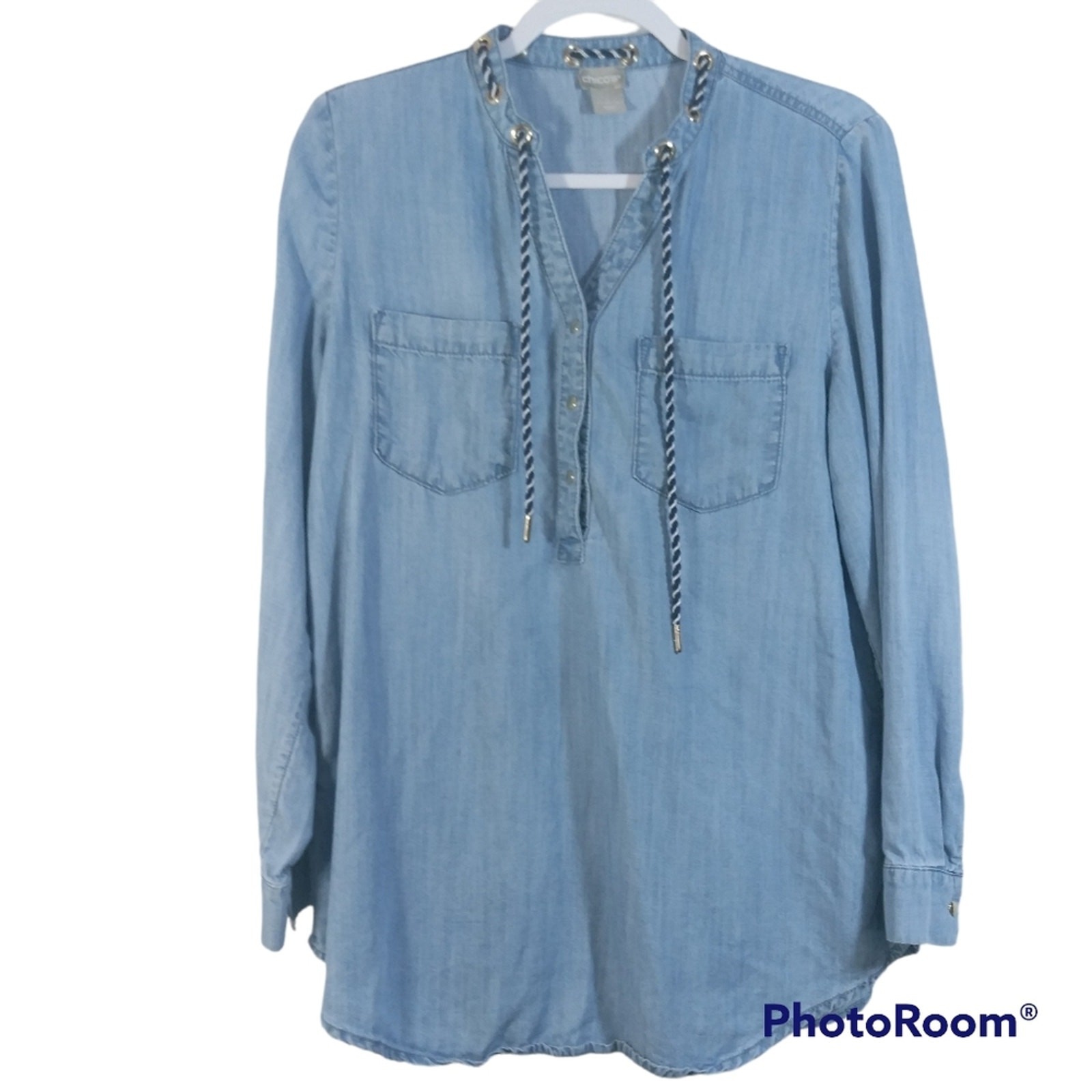 Chicos Nautical Denim Pullover Tencel Top Size M