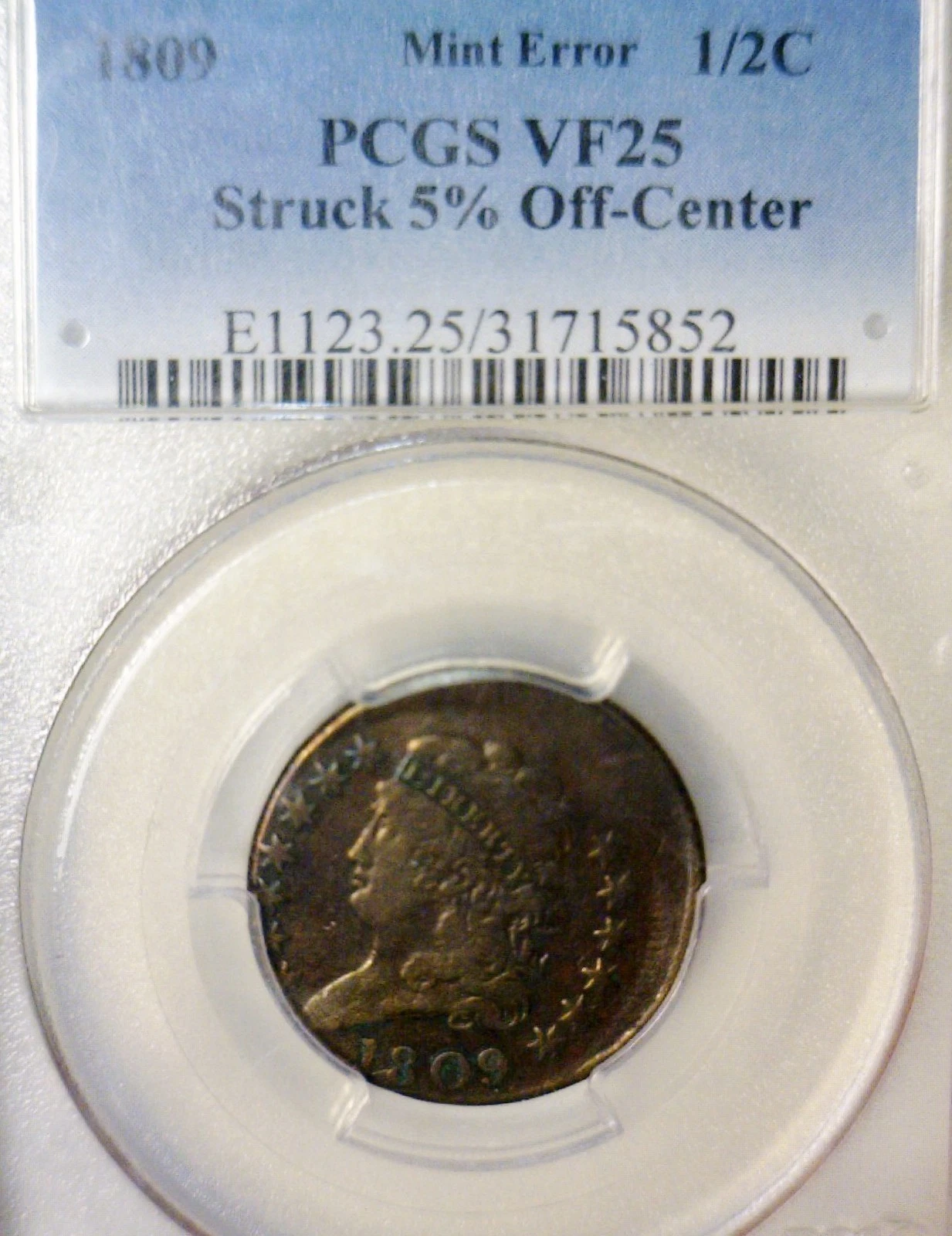 1809 ERROR PCGS VF25 Off Center HALF CENT Coin NICE EARLY 1/2 c O/C  FREE SHIP
