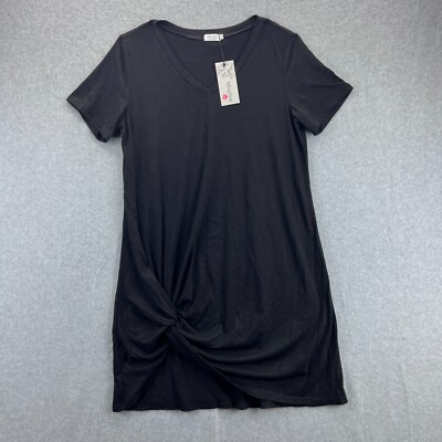 Miselon Women's Black V-Neck Side Twist Knot Midi T-Shirt Summer Dress Size  L | eBay