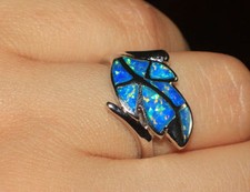 inlaid fire opal ring gems silver plate jewelry engagement wedding Leaf band