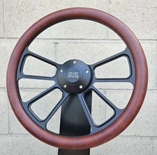 14" Black 4 Spoke Steering Wheel w/ Worn Burgundy Vinyl Wrap and GMC Retro Horn
