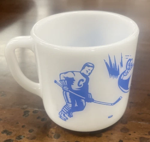 Federal Milk Glass MUG Cup Winter Olympics Vintage Blue Hockey Skiing Vintage