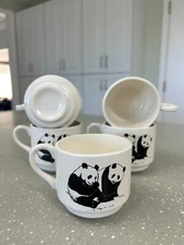 Warren Cutler Vintage Coffee Mugs, set of 5 stackable panda cream color mugs