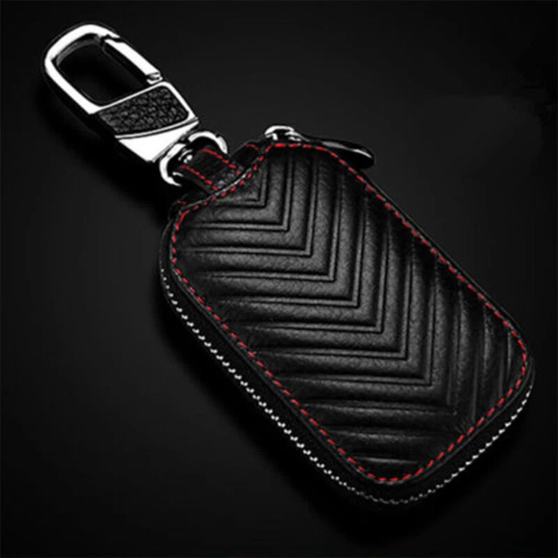 Black Genuine Leather Car Key Cover Holder Key Fob Case Bag Universal For Cars - Image 4 of 4