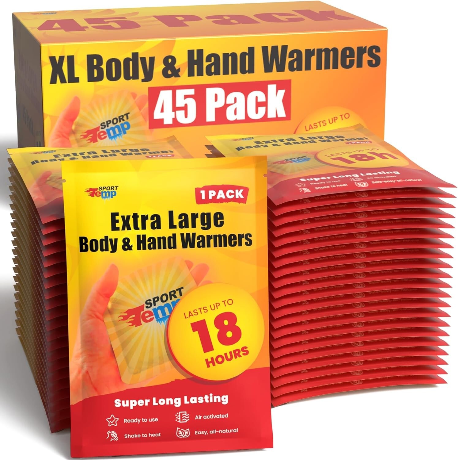 Large 45 Pack Hand & Body Warmers - 18 Hours of Odorless Heat - Travel Ready