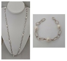 PARURE DONNA COLLANA + BRACCIALE ORO BIANCO 18KT 750 PERLA VERA BAROCCA NATURALE