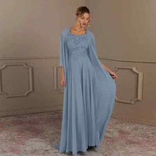 Simple Blue Chiffon Mother of The Bride Dresses for Wedding 3/4 Sleeve Zipper-