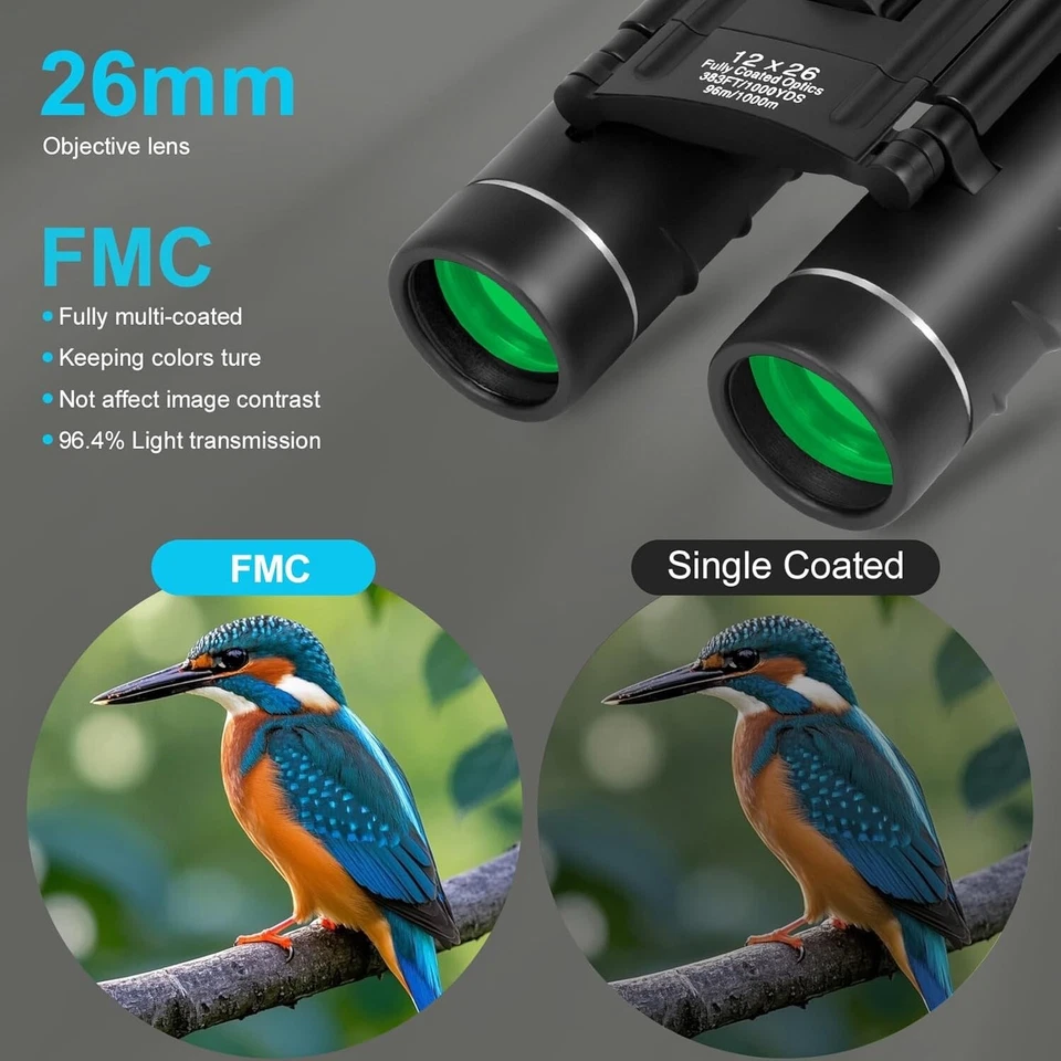 CAMPSLE 12x26 HD Mini Folding Compact Binoculars Birds, Fishing, Horse Racing UK - Image 3 of 4