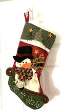 3D SLEDDING SNOWMAN Rustic Christmas Stocking Embroidered LET IT SNOW 19"