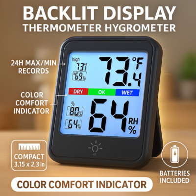 Indoor Digital Thermometer Hygrometer Temp Humidity Gauge with Backlight Stand
