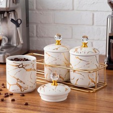 3 Pcs Ceramic Coffee Canister Set with Lids and Metal Stand, Securely Packed in
