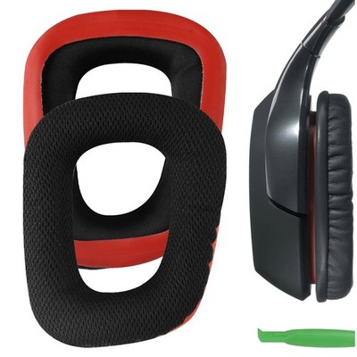 Geekria Mesh Fabric Ear Pads for Logitech G35, G430, G930 Headphones (Black Red)