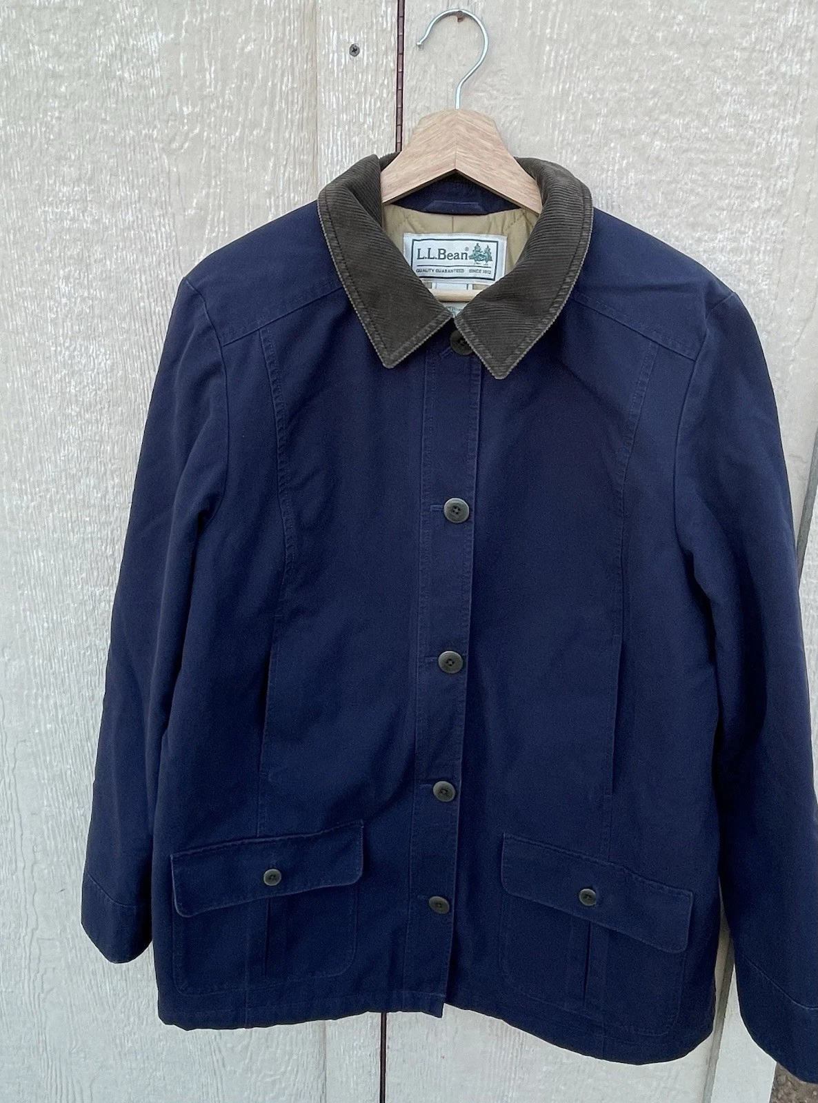 LL Bean Chore Barn Coat Field Jacket Canvas Navy Blue Corduroy Collar Outdoor XL